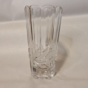 Crystal Clear Vase Germany 8in Clear 24% Lead Crystal Frosted Leaf Scalloped Rim